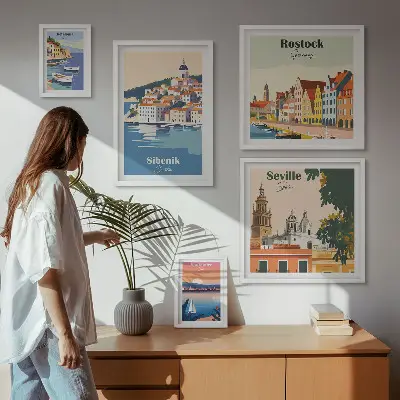 Moderne schilderijen set met landschappen van kuststeden