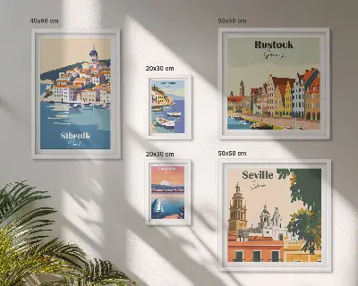 Moderne schilderijen set met landschappen van kuststeden