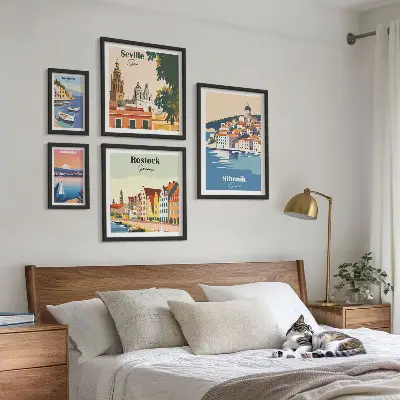 Moderne schilderijen set met landschappen van kuststeden