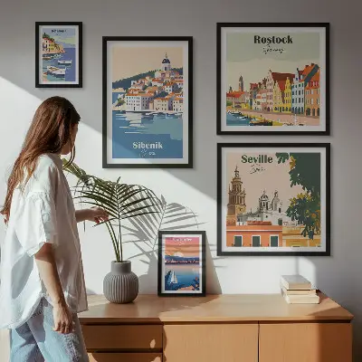 Moderne schilderijen set met landschappen van kuststeden