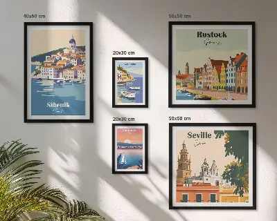 Moderne schilderijen set met landschappen van kuststeden