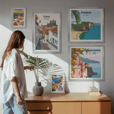 Moderne schilderijen set met pittoreske stadjes van Europa