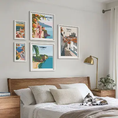Moderne schilderijen set met pittoreske stadjes van Europa