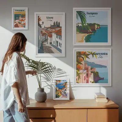 Moderne schilderijen set met pittoreske stadjes van Europa