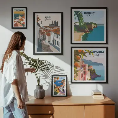 Moderne schilderijen set met pittoreske stadjes van Europa