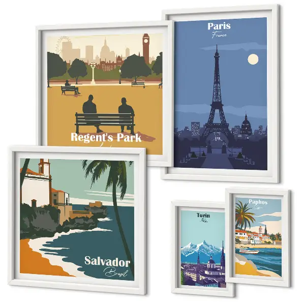Set van moderne schilderijen Europese retro iconische steden
