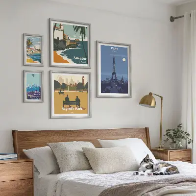 Set van moderne schilderijen Europese retro iconische steden