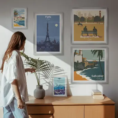 Set van moderne schilderijen Europese retro iconische steden