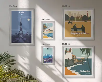 Set van moderne schilderijen Europese retro iconische steden