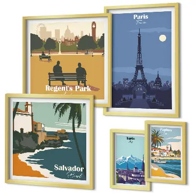 Set van moderne schilderijen Europese retro iconische steden