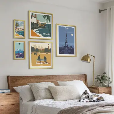 Set van moderne schilderijen Europese retro iconische steden