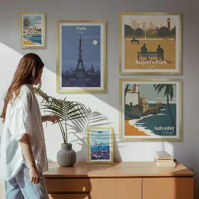 Set van moderne schilderijen Europese retro iconische steden