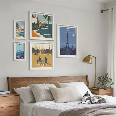Set van moderne schilderijen Europese retro iconische steden