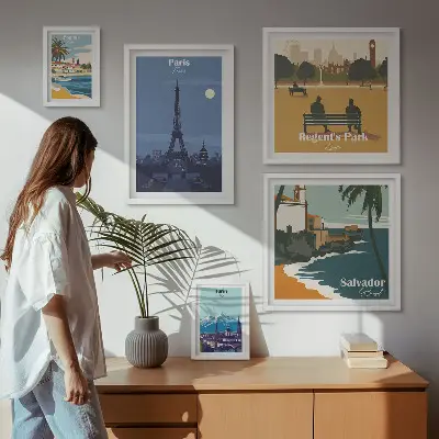 Set van moderne schilderijen Europese retro iconische steden