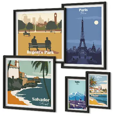 Set van moderne schilderijen Europese retro iconische steden