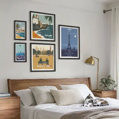 Set van moderne schilderijen Europese retro iconische steden
