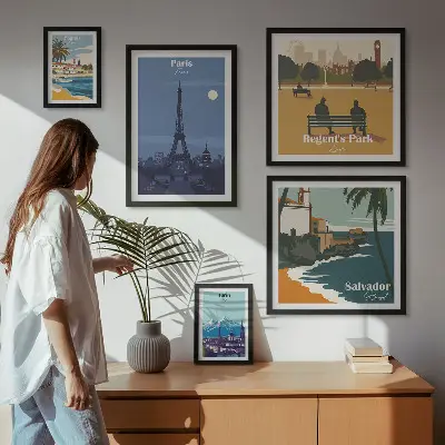 Set van moderne schilderijen Europese retro iconische steden