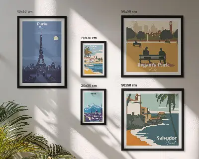 Set van moderne schilderijen Europese retro iconische steden