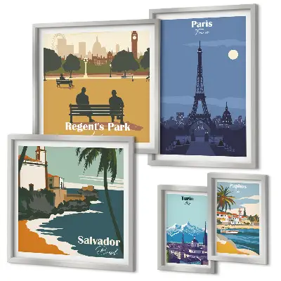 Set van moderne schilderijen Europese retro iconische steden