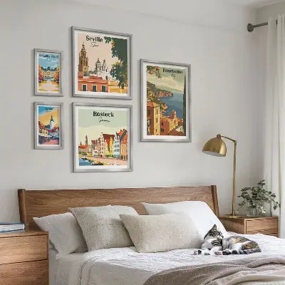 Moderne schilderijen set met landschappen van Europese steden
