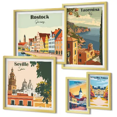 Moderne schilderijen set met landschappen van Europese steden
