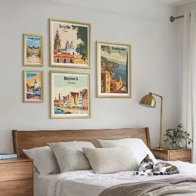 Moderne schilderijen set met landschappen van Europese steden