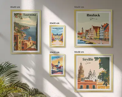 Moderne schilderijen set met landschappen van Europese steden