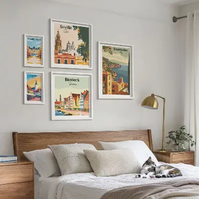 Moderne schilderijen set met landschappen van Europese steden