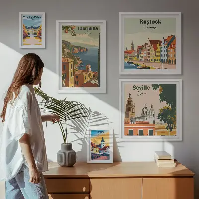 Moderne schilderijen set met landschappen van Europese steden