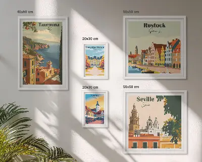 Moderne schilderijen set met landschappen van Europese steden