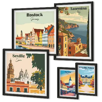 Moderne schilderijen set met landschappen van Europese steden