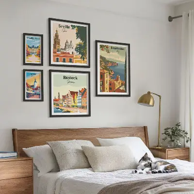 Moderne schilderijen set met landschappen van Europese steden