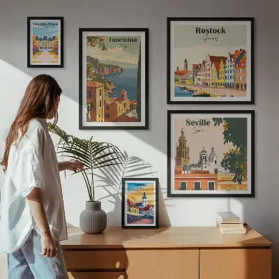 Moderne schilderijen set met landschappen van Europese steden