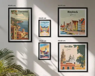 Moderne schilderijen set met landschappen van Europese steden