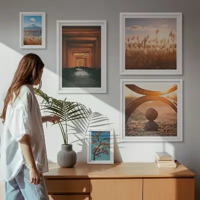 Gallerijwand met serene zen-achtige landschapsprints