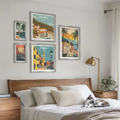 Moderne schilderijen set met landschappen van Europese steden