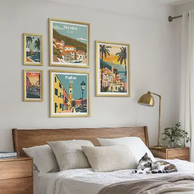 Moderne schilderijen set met landschappen van Europese steden