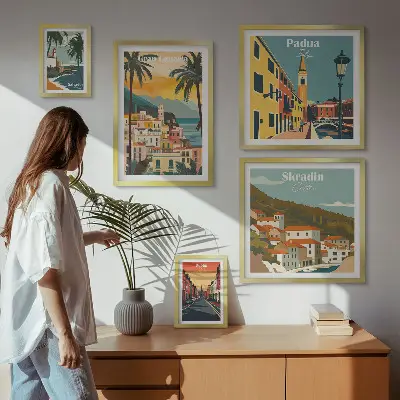 Moderne schilderijen set met landschappen van Europese steden