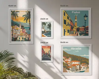 Moderne schilderijen set met landschappen van Europese steden