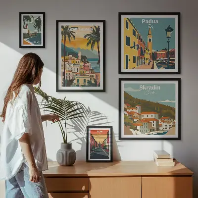 Moderne schilderijen set met landschappen van Europese steden