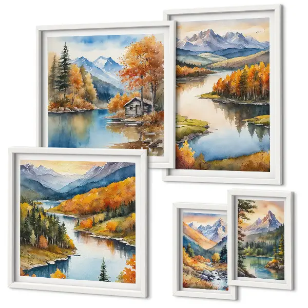 Moderne schilderijen set met een landschap van bergrivieren en herfstbomen