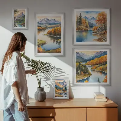 Moderne schilderijen set met een landschap van bergrivieren en herfstbomen