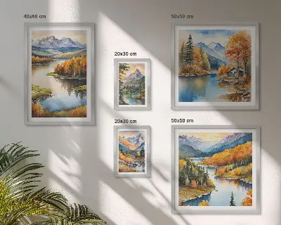 Moderne schilderijen set met een landschap van bergrivieren en herfstbomen