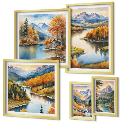 Moderne schilderijen set met een landschap van bergrivieren en herfstbomen