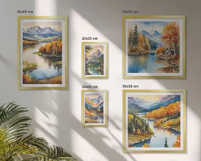 Moderne schilderijen set met een landschap van bergrivieren en herfstbomen