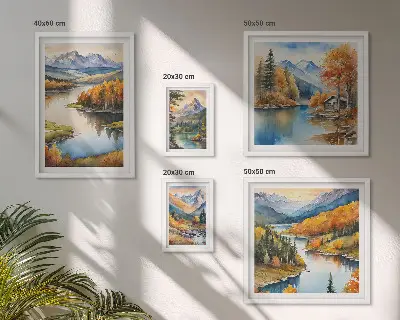 Moderne schilderijen set met een landschap van bergrivieren en herfstbomen