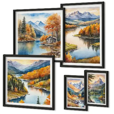 Moderne schilderijen set met een landschap van bergrivieren en herfstbomen