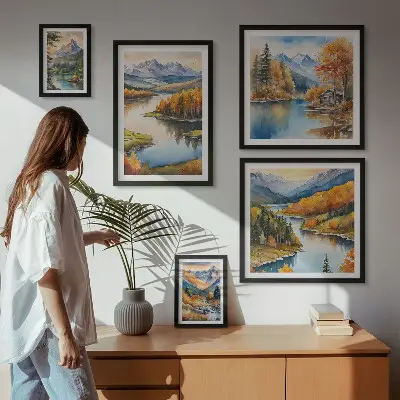 Moderne schilderijen set met een landschap van bergrivieren en herfstbomen