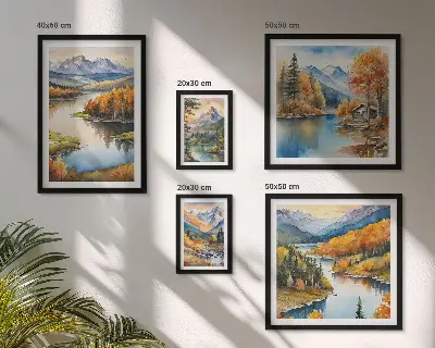 Moderne schilderijen set met een landschap van bergrivieren en herfstbomen