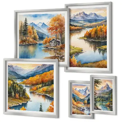 Moderne schilderijen set met een landschap van bergrivieren en herfstbomen